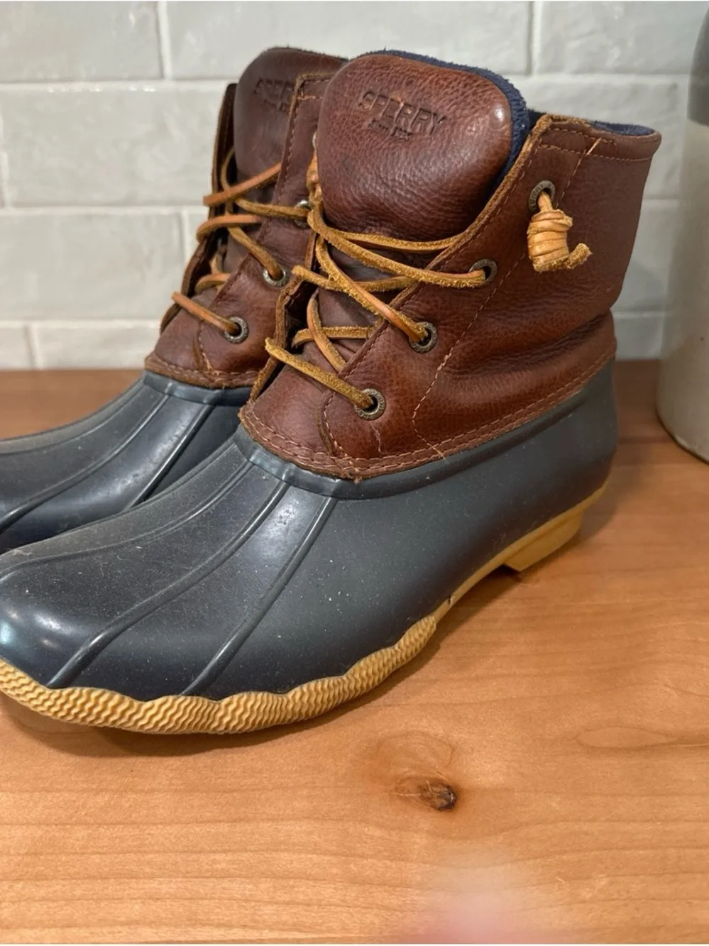 Sperry Brown Leather & Black Rubber Duck Boots with Tan Sole